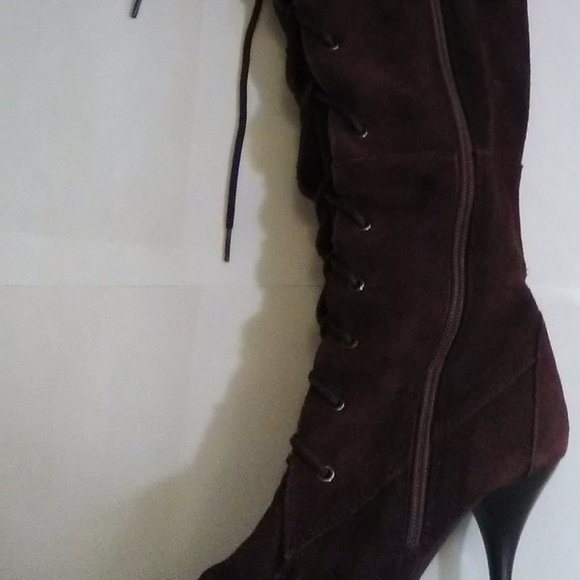 CAMI BROWN SUEDE KNEE HIGH HIGH HEEL BOOTS SIZE 6.5 - Picture 5 of 5